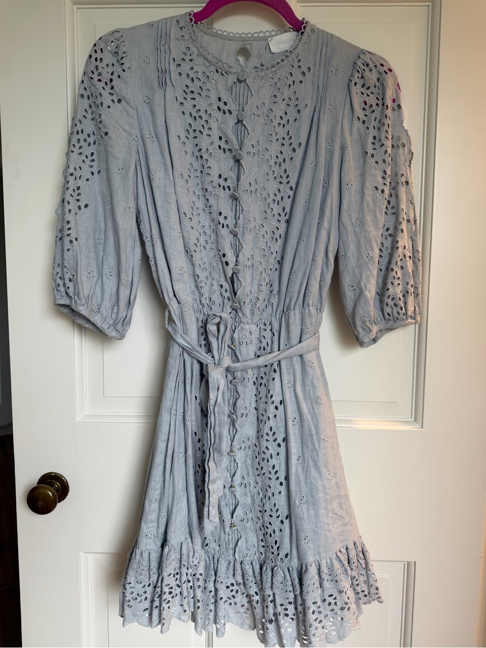 ZIMMERMAN light Blue /grey Eyelet Tie-Waist mini dress size 1